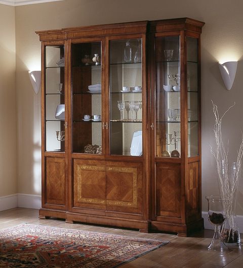 Casa Padrino Luxus Vitrinenschrank Braun 200 x 52 x H. 226 cm - Prunkvolle Massivholz Vitrine mit 4 Türen und Kristallglasböden - Luxus Qualität