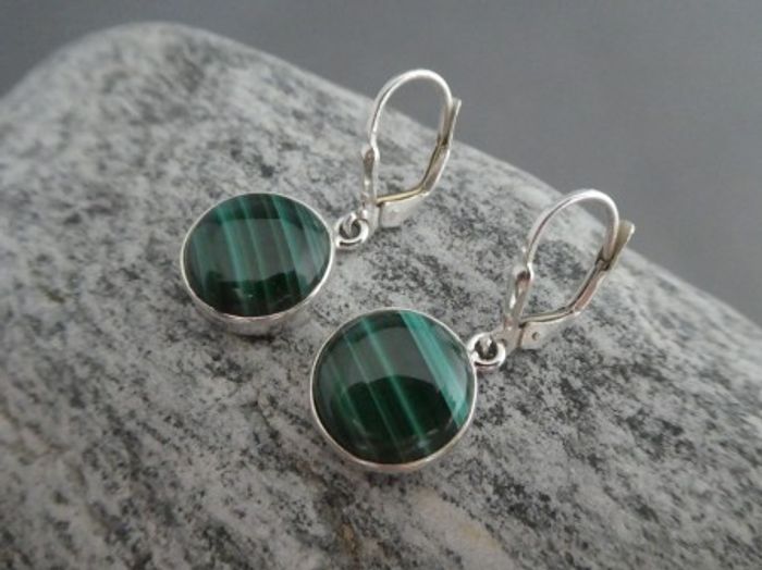 Malachit - Ohrhänger / 925 Silber / rund