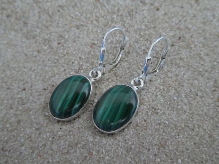 Malachit - Ohrhänger / 925 Silber / oval