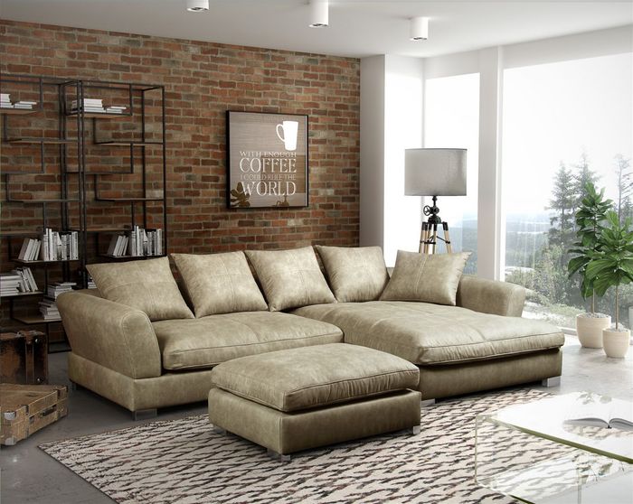 Couchgarnitur TIZIAN L-Form Wildlederoptik-Beige/Otto..Rechts + Hocker