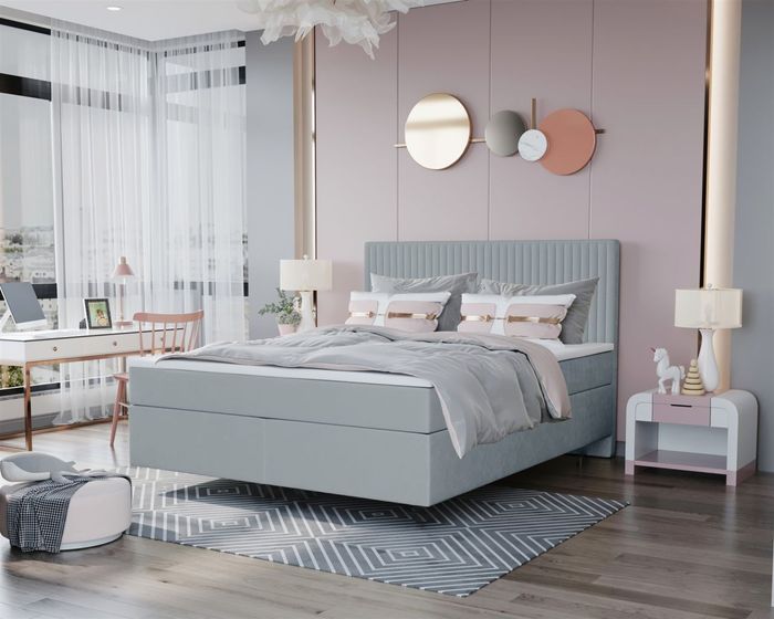 Boxspringbett Schlafzimmerbett ROCIO Nr.2 Premium 200x200cm in Stoff Hellgrau