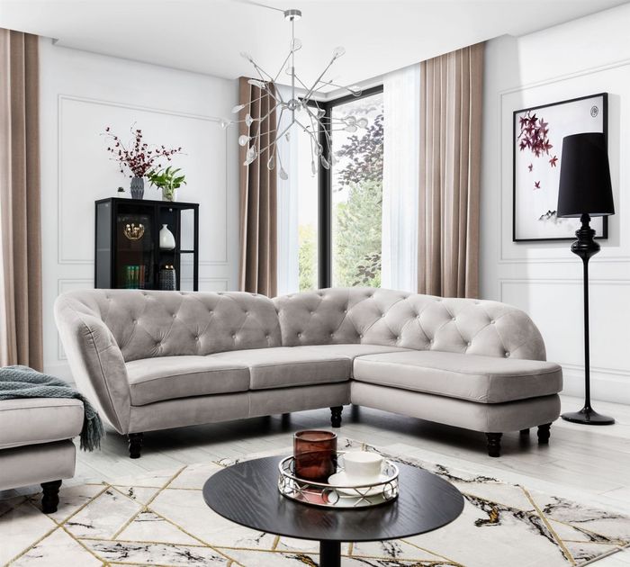 Ecksofa Designersofa CHARLOTTE in Stoff Matt Velvet Cappuccino Ottomane Rechts