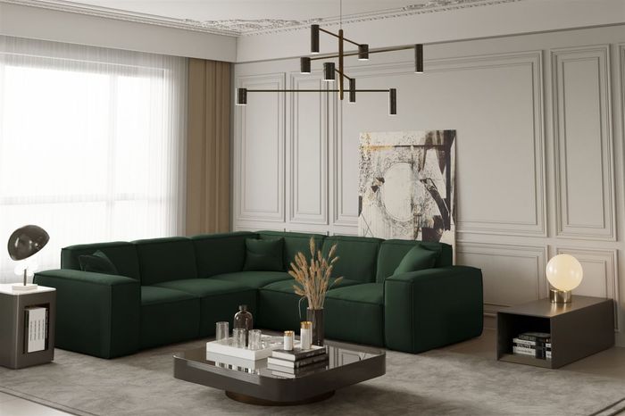 Ecksofa Designersofa CELES in Stoff Opera Velvet Grün Seite Universal