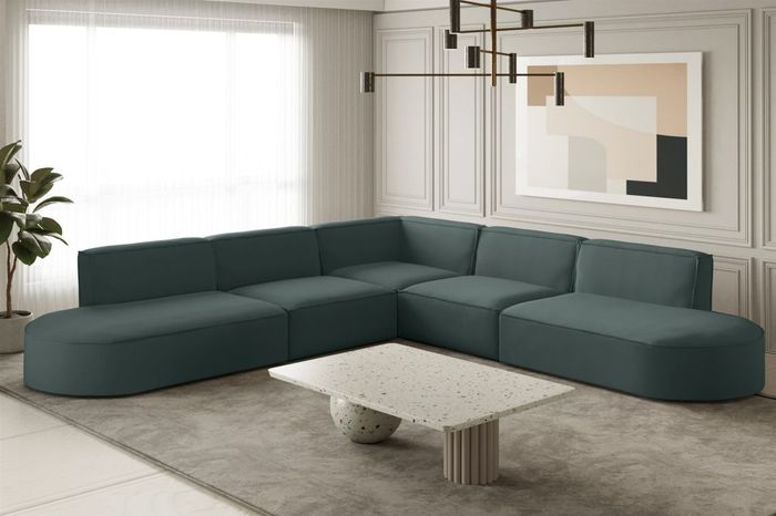 Ecksofa Designersofa PALMA in Stoff Opera Velvet Opalgrün Seite Universal