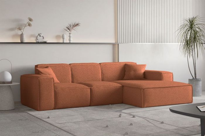 Ecksofa Designersofa CELES PREMIUM Stoff Ascot Bukla Terracotta Ottomane Rechts