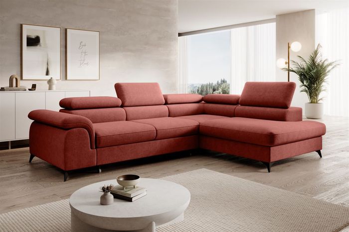 Ecksofa Schlafsofa Sofa BASTIEN in Stoff Whisper Rotbraun Ottomane Rechts