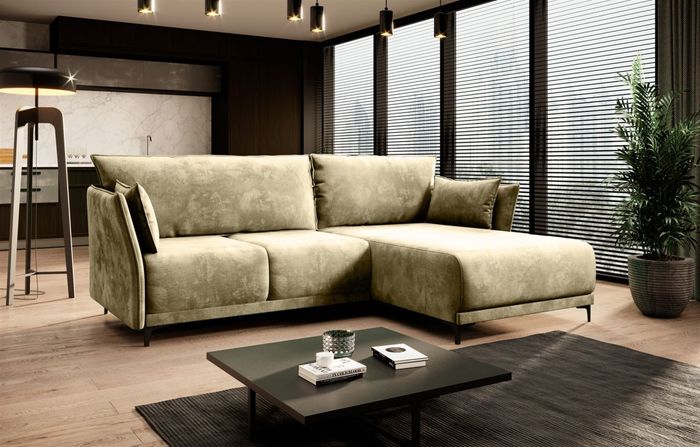 Ecksofa Schlafsofa Sofa GARNIER in Stoff Monolith Beige Ottomane Rechts