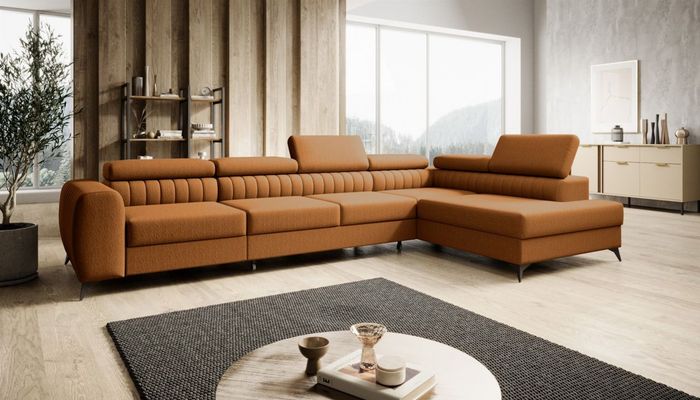 Ecksofa Schlafsofa Sofa FARGO MAX in Stoff Vogue Amber Ottomane Rechts