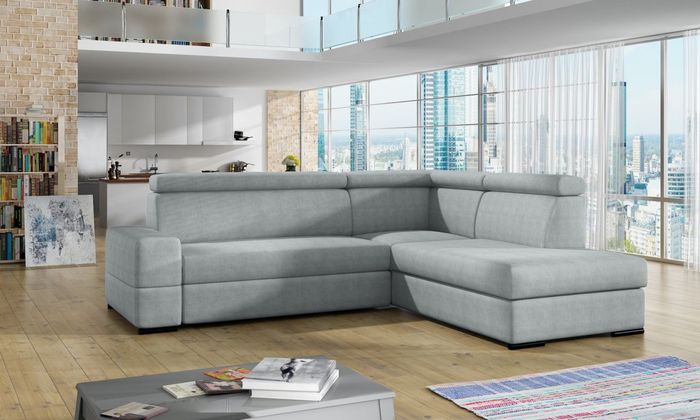 Ecksofa Sofa LETO mit Schlaffunktion Hellgrau Ottomane Rechts