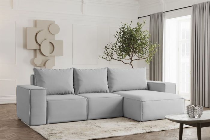 Ecksofa Designersofa ESTELLE in Stoff Opera Velvet Hellgrau Ottomane Rechts