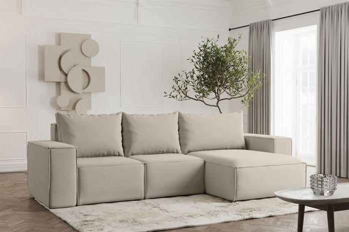 Ecksofa Designersofa ESTELLE in Stoff Opera Velvet Pearl Ottomane Rechts