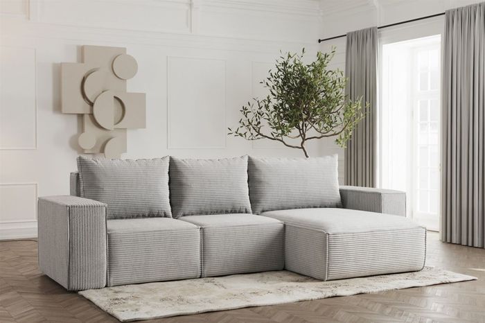 Ecksofa Designersofa ESTELLE in Stoff Poso Hellgrau Ottomane Rechts