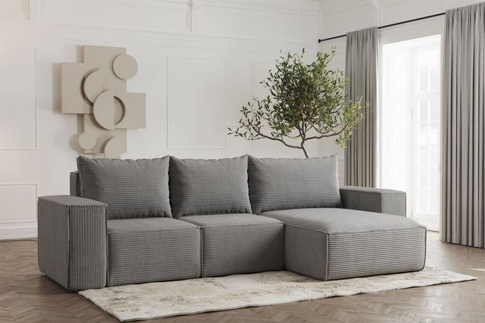Ecksofa Designersofa ESTELLE in Stoff Poso Grau Ottomane Rechts