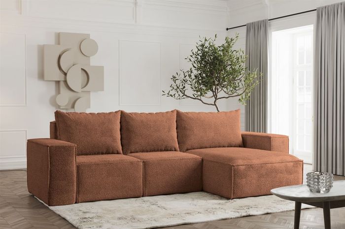 Ecksofa Designersofa ESTELLE in Stoff Abriamo Rostbraun Ottomane Rechts
