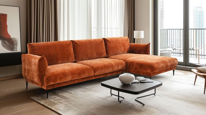 Ecksofa Designersofa MADISON XL in Stoff Dress Me Kupfer Ottomane Rechts