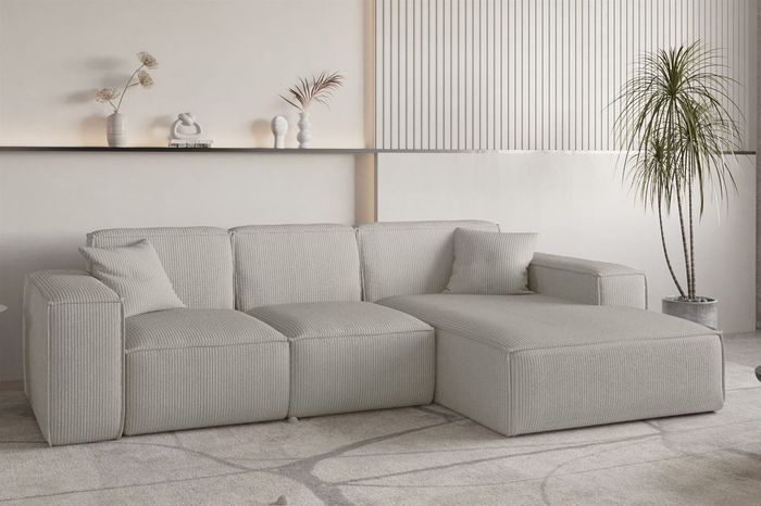 Ecksofa Designersofa CELES PREMIUM in Stoff Scala Sandgrau Ottomane Rechts