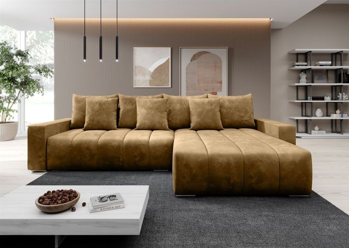 Ecksofa Schlafsofa Sofa MERIDA Stoff Monolith Senfgelb Rechts