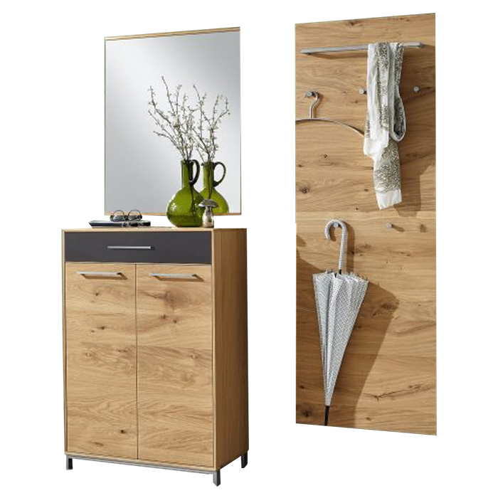 Voss Möbel Garderoben-Set 10 Vedo 3-teilig Front Balkeneiche furniert Absetzung Mattglas Anthrazit Korpus Eiche teilmassiv
