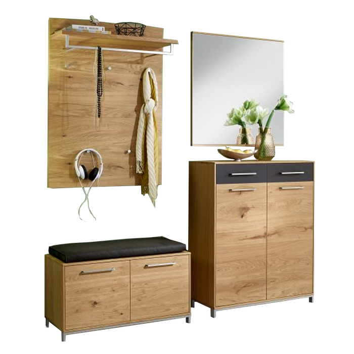 Voss Möbel Garderoben-Set 14 Vedo 4-teilig Front Balkeneiche furniert Frontabsetzung Mattglas Anthrazit Korpus Eiche teilmassiv