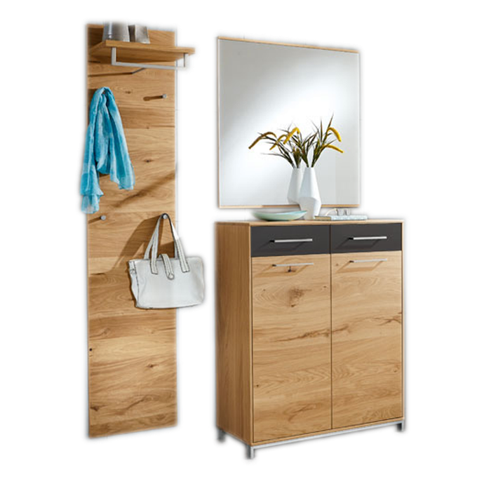 Voss Möbel Garderoben-Set 3 Vedo 3-teilig Front Balkeneiche furniert Frontabsetzung Mattglas Anthrazit Korpus Eiche teilmassiv