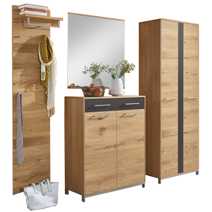 Voss Möbel Garderoben-Set 9 Vedo 4-teilig Front Balkeneiche furniert Frontabsetzung Mattglas Anthrazit Korpus Eiche teilmassiv