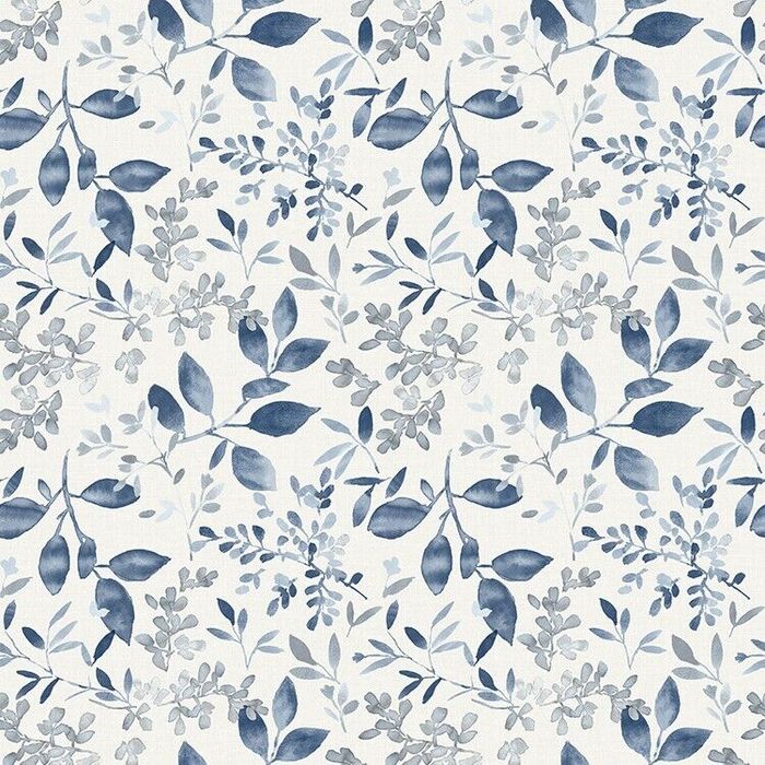 Tapete, Designtapete, Floral, Blätter, Seidenmalerei, Elfenbein, Grau, Blau