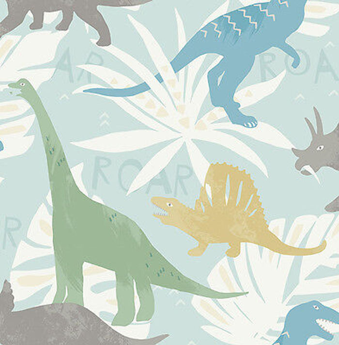 KinderTapete, Designtapete, Dinosaurier, Dschungel, Hellblau, Ocker, Blau, Grau