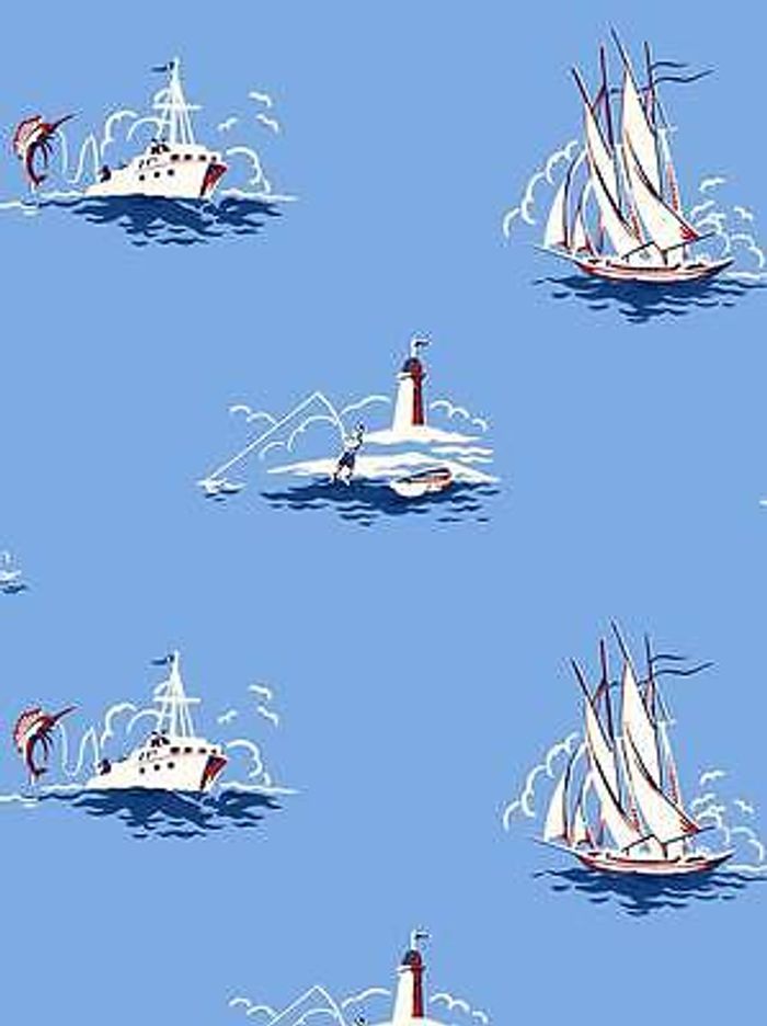 KinderTapete, Designtapete, maritim, Boote, Angler, Leuchtturm, Blau, Weiß, Rot