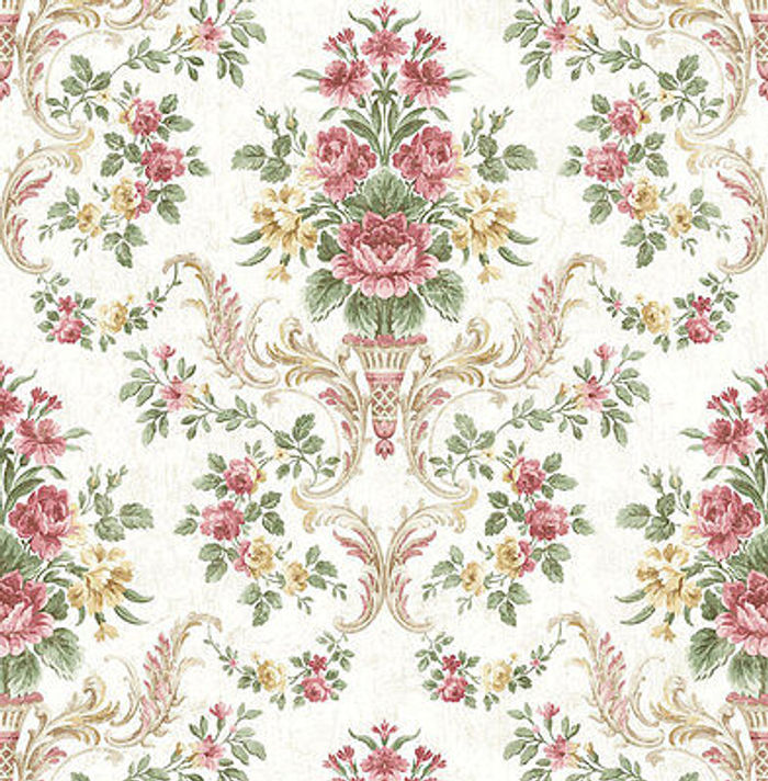 Tapete, Designtapete, Blumenprint, Cottage, Glanz, Pink, Mint, Ocker, Messing