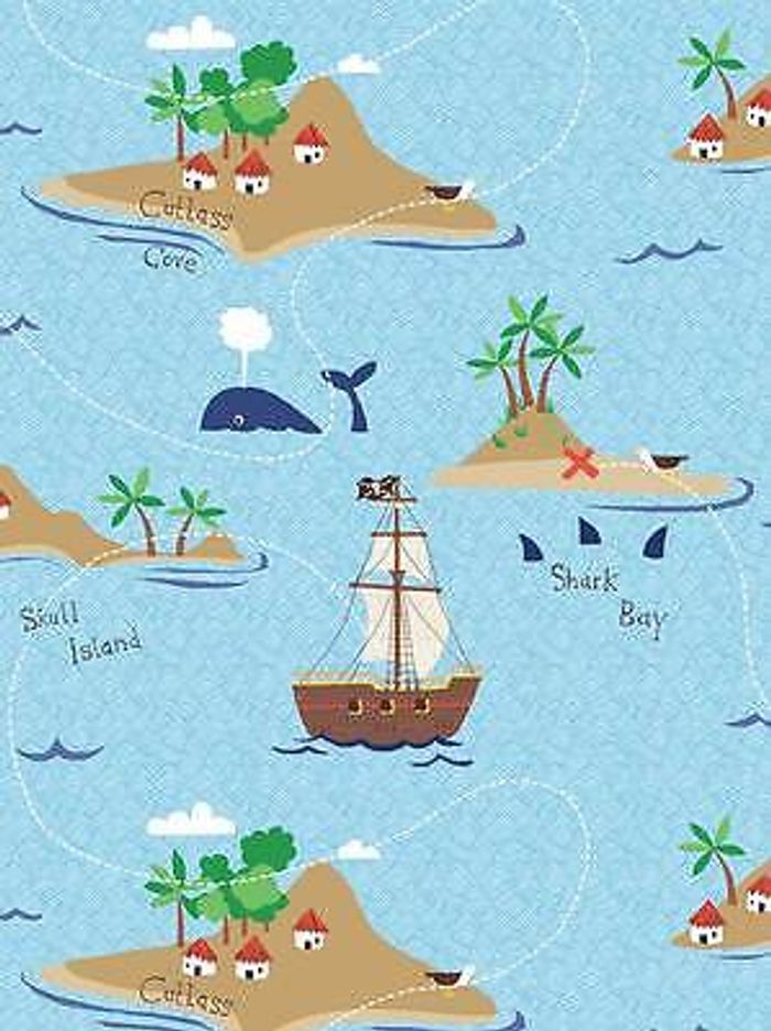 KinderTapete, Designtapete, verspielt, Pirat, Schatzkarte, Meerblau, Sand, Insel