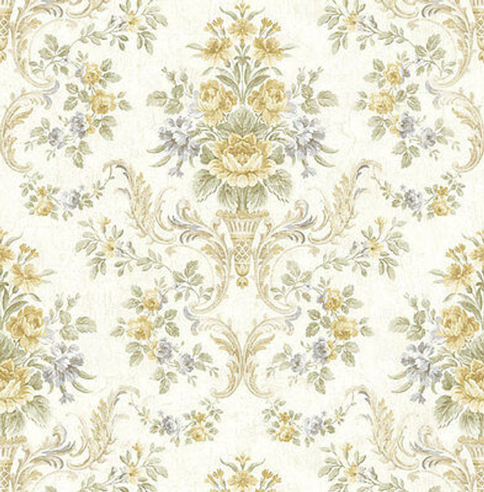 Tapete, Designtapete, Blumenprint, Cottage, Glanz, Grau, Ton, Ocker, Messing