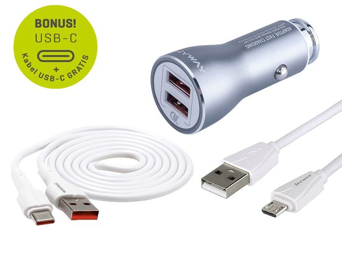 Myway Car Charger Auto Schnell-Ladestecker 2x USB + USB Ladekabel GRATIS