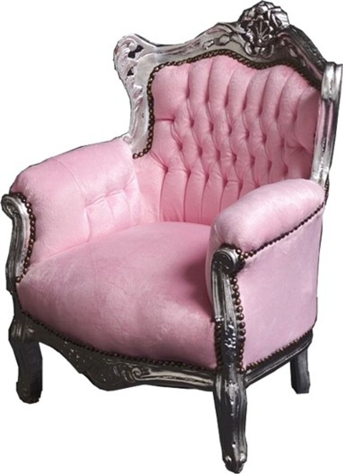 Casa Padrino Barock Kinder Sessel Tron in Rosa und Silber, 84 x 58 cm, Handgefertigtes Massivholz