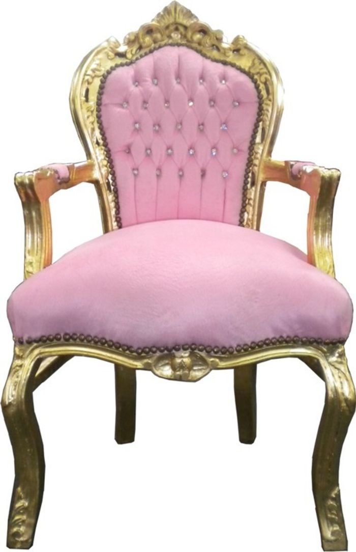 Casa Padrino Barock Esszimmer Stuhl Rosa / Gold mit Bling Bling Glitzersteinen, Höhe 108 cm, Breite 53 cm, Tiefe 57 cm
