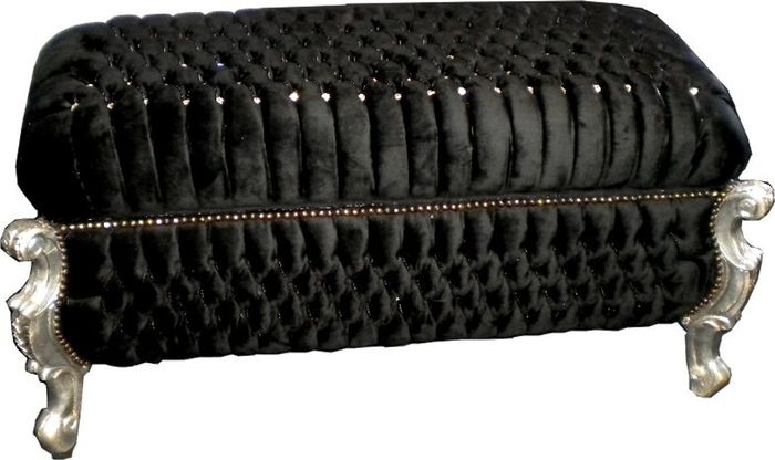 Casa Padrino Barock Sitzbank Truhe im Antik Stil, Schwarz / Silber mit Bling Bling Steinen, 120 x 55 x 58 cm