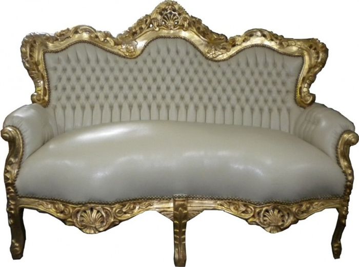 Casa Padrino Barock Sofa Garnitur Master Creme/Gold aus Echtholz in Lederoptik, Breite 160 cm