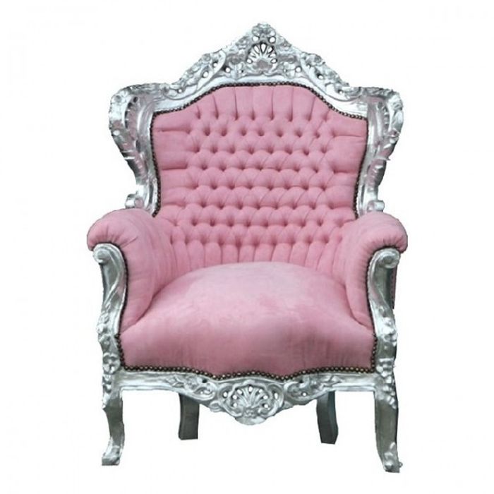 Casa Padrino Barock Sessel King in Rosa und Silber - Luxuriöser Samtsessel mit Massivholz - 120 x 85 x 85 cm