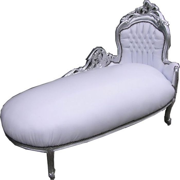 Casa Padrino Barock Chaiselongue King Weiß/Silber in Lederoptik, Länge 155 cm, Breite 70 cm, Höhe 100 cm