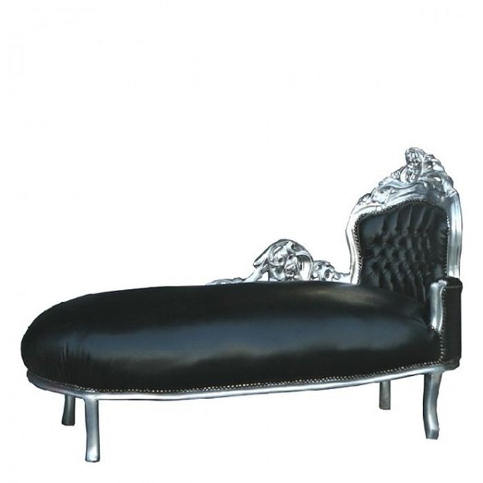 Casa Padrino Barock Chaiselongue King in Schwarz Lederoptik und Silber, Länge 155 cm, Breite 70 cm, Höhe 100 cm