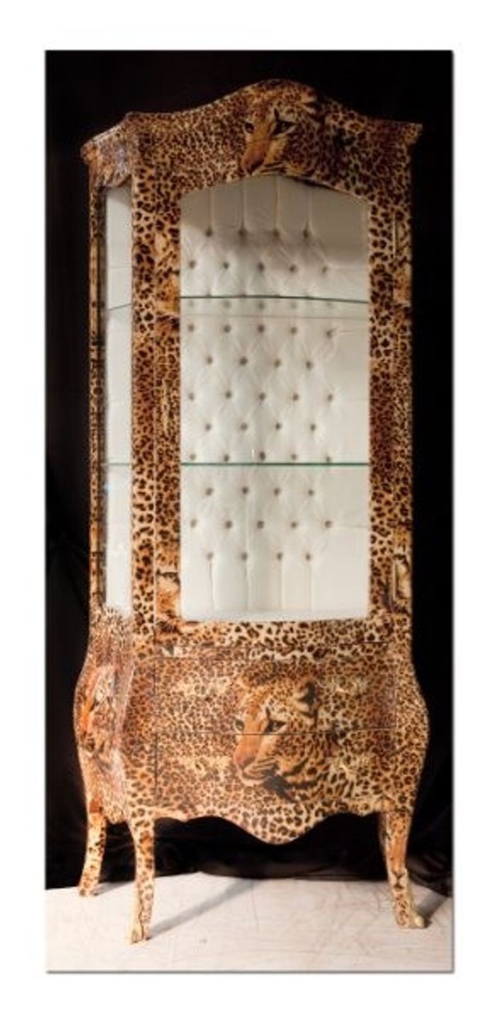 Casa Padrino Barock Vitrine Leopard - Luxus Vitrinenschrank in Leo Optik - 185 x 85 x 50 cm