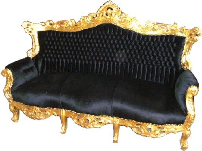 Casa Padrino Barock Sofa Master im antik Stil, Bezug Samt Schwarz, Holzgestell Gold, 210 x 90 x 135 cm