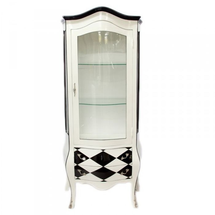 Casa Padrino Barock Vitrine im Antik Stil - Weiß / Karo Schwarz-Weiß - 185 x 85 x 50 cm