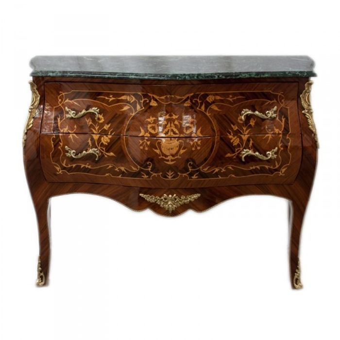 Casa Padrino Barock Kommode im Antik Stil, Mahagoni Braun mit Intarsien und Marmorplatte, 100 x 85 x 45 cm