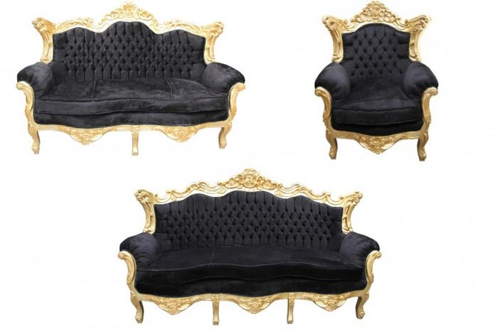 Casa Padrino Barock Wohnzimmer Set Schwarz / Gold - 3er Sofa, 2er Sofa, Sessel - 210cm / 182cm / 85cm