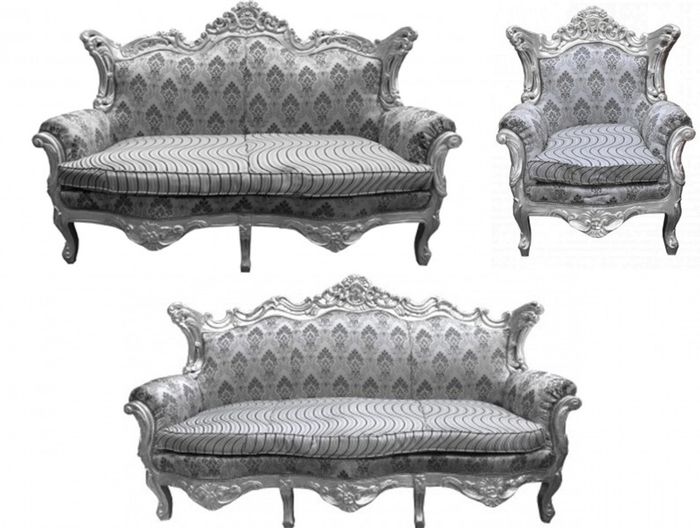 Casa Padrino Barock Wohnzimmer Set mit Muster in Grau und Silber - 3er Sofa, 2er Sofa und 1 Sessel
