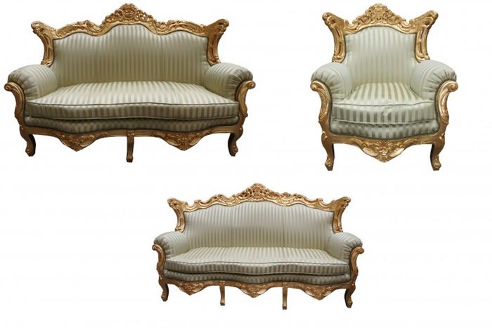 Casa Padrino Barock Wohnzimmer Set Jadegrün / Gold - 3er Sofa, 2er Sofa und Sessel - Masse: 210/182/85 cm