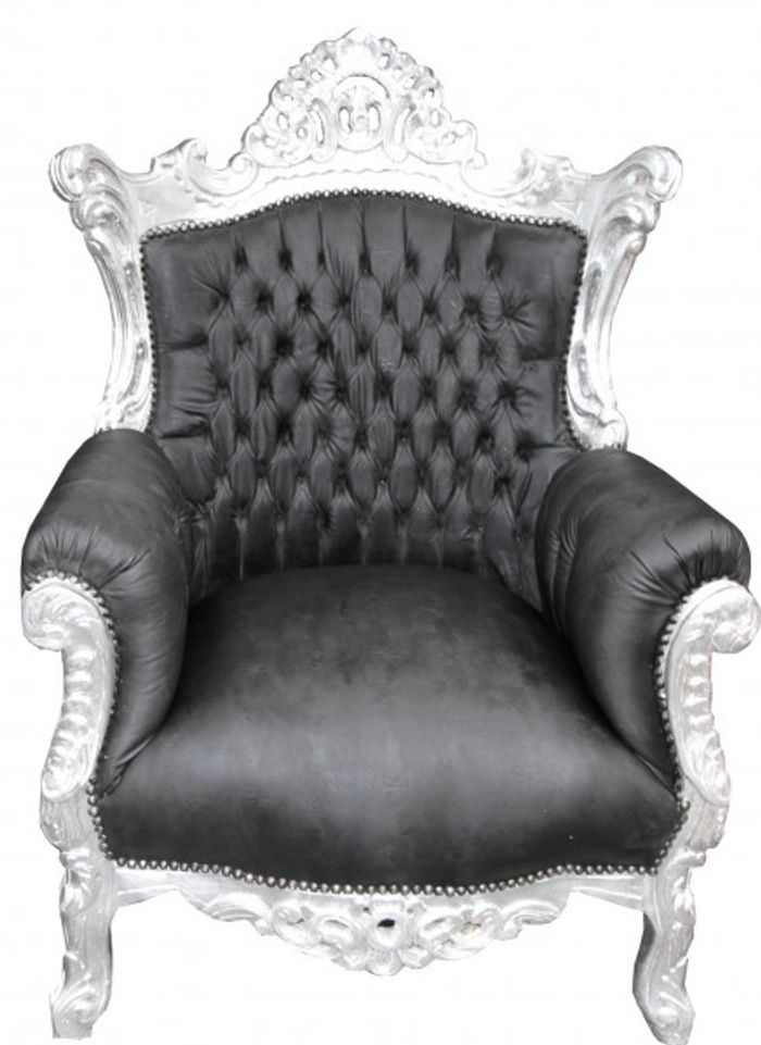 Casa Padrino Barock Sessel Al Capone im Antik Stil, Schwarz Lederoptik und Silber, Höhe 128 cm