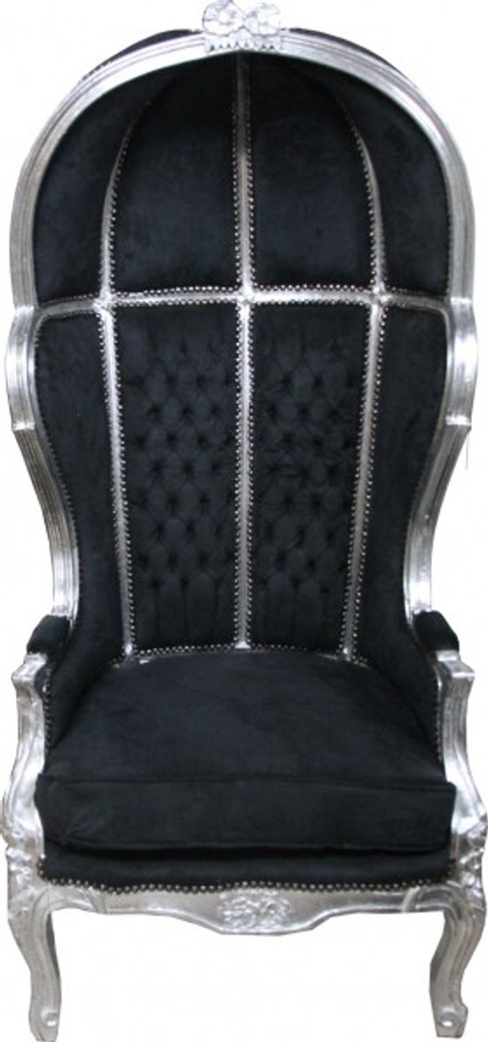 Casa Padrino Barock Thron Sessel Victory Schwarz / Silber - Massivholz Samt - 177 x 83 x 66 cm