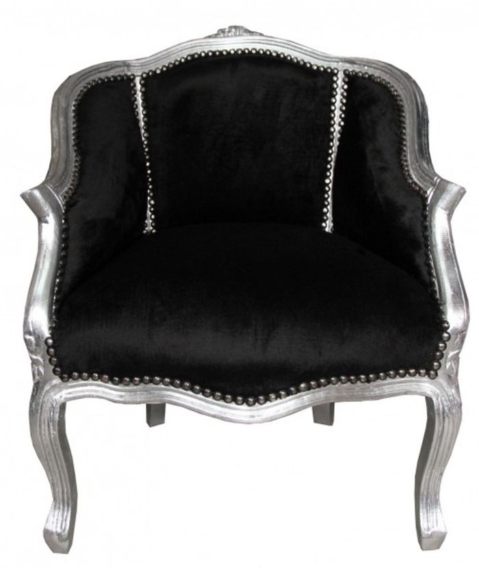 Casa Padrino Barock Damen Salon Sessel Schwarz / Silber - Handgefertigter Antik Stil Sessel, 80 x 63 x 53 cm
