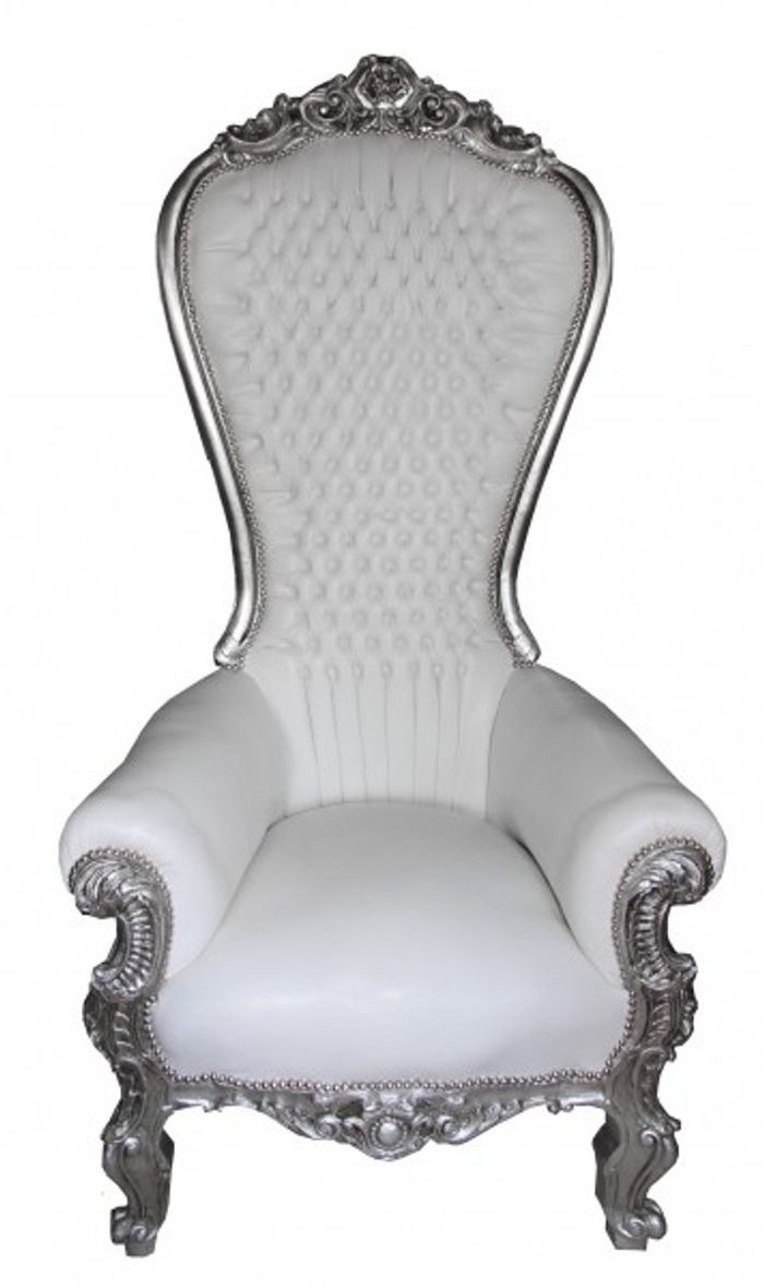 Casa Padrino Barock Thron Sessel Majestic Mod2 Weiß / Silber - Luxuriöser Riesensessel mit handgeschnitztem Massivholzgestell - Höhe 190 cm